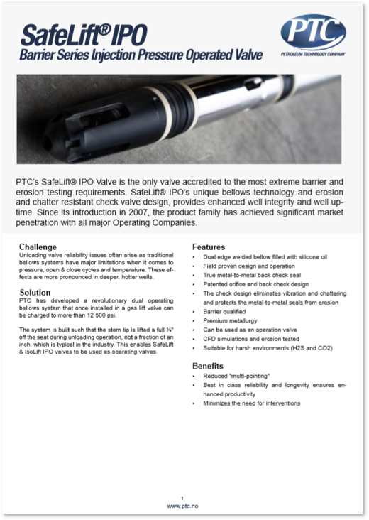 SafeLift IPO Injection Pressure Operated Gas Lift Valve